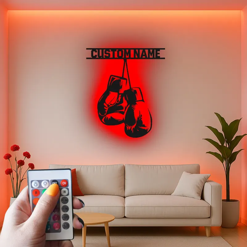 Personalisierte LED-beleuchtete Metall-Wandkunst mit Boxhandschuhen – Geschenk für Boxer, Fitnessstudio oder Männerhöhle 1