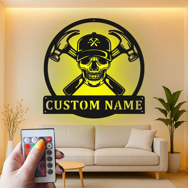 Insegna in metallo LED con teschio e mazze | Regalo personalizzato per lavoratori edili | Arte murale per man cave e garage
