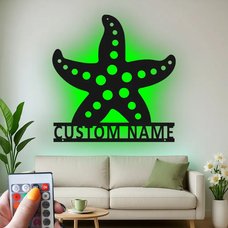 Enseigne étoile de mer personnalisée | Art mural en métal LED pour décor côtier | Plaque de nom de maison de plage personnalisée | Cadeau à thème nautique
