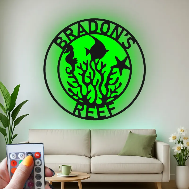 Cartel de arrecife personalizado con LED | Decoración mural de metal personalizada para casa de playa | Decoración náutica de vida marina | Regalo de caballito de mar y pez