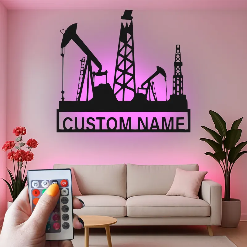 Oil Rig LED Metal Wall Art | Custom Oilfield Name Sign for Office | Industrial Drilling Decor Gift for Engineer