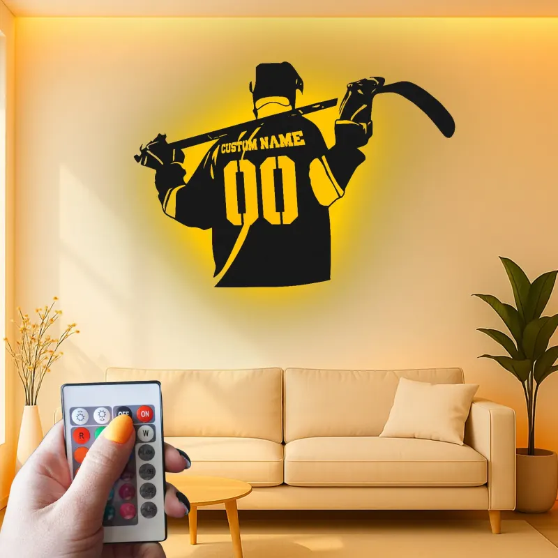 Cartel LED personalizado de jugador de hockey | Decoración mural de metal a medida | Decoración para habitación de aficionados al deporte y regalo para deportistas
