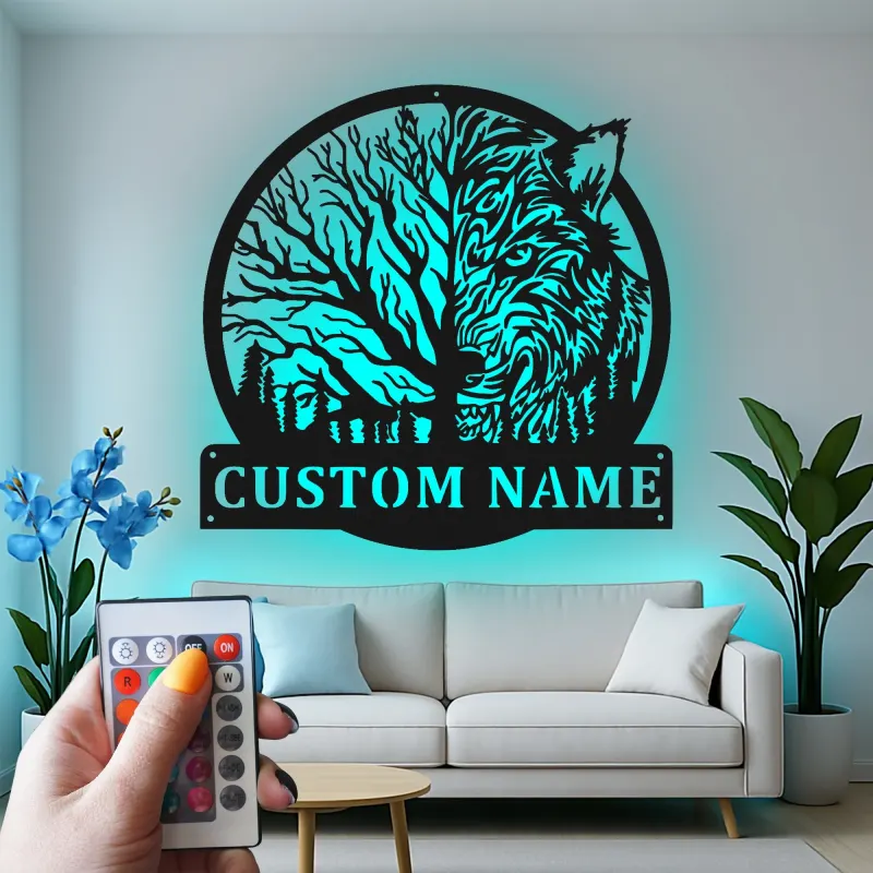 Décoration murale en métal personnalisée avec lumière LED de loup et forêt