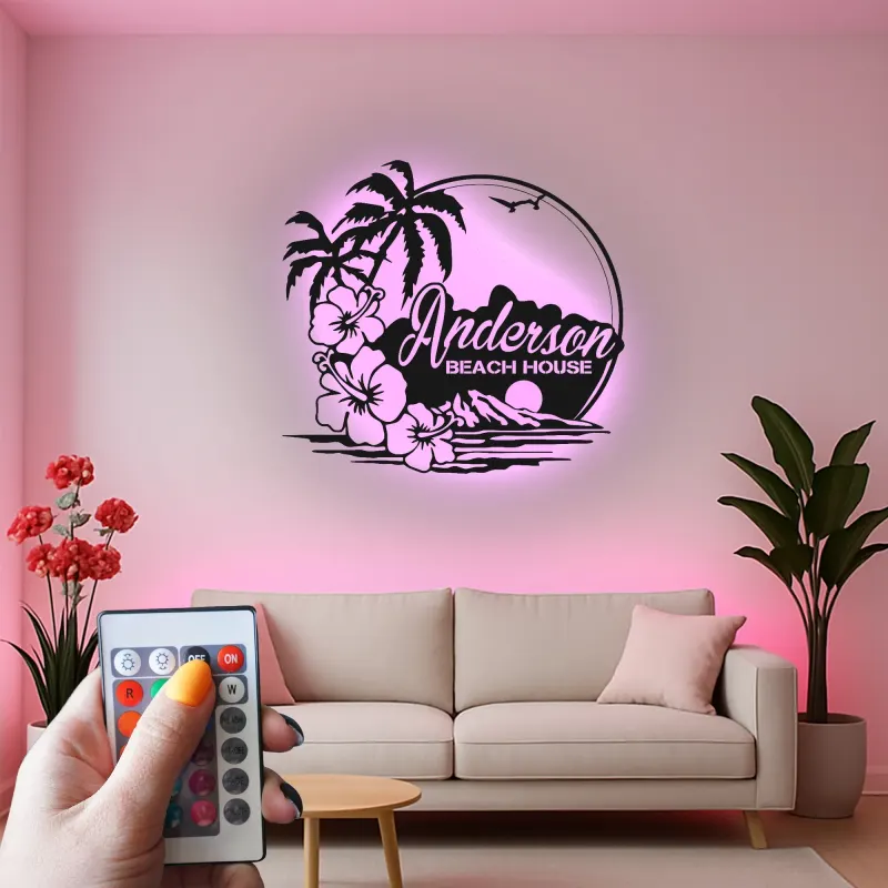 Insegna in metallo personalizzata con luce LED per casa al mare - Regalo personalizzato per ritiri costieri e decorazione tropicale