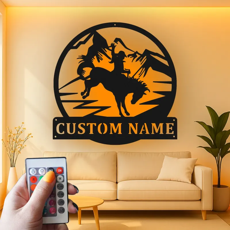 Arte murale in metallo Rodeo Cowboy | Insegna personalizzata con LED | Decorazioni rustiche western per ranch e casa