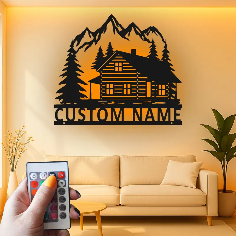 Custom Mountain Cabin Led Light Metal Wall Art Personalized Housewarming Gift Rustic Living Room Decor
