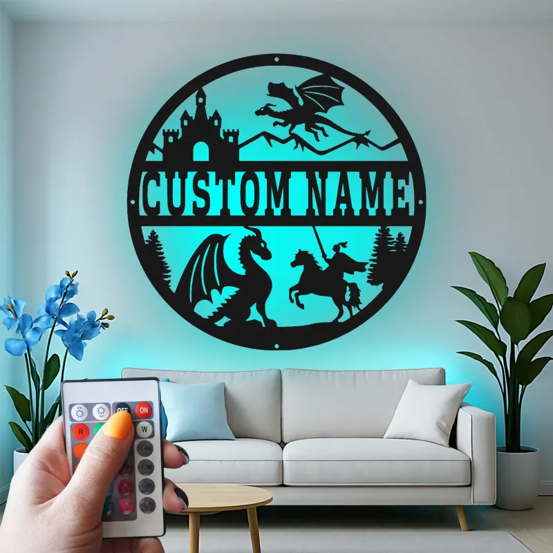 Insegna in metallo LED Drago e Castello Regalo Fantasia per Decorazione Camera Bambini per Amanti dell'Avventura