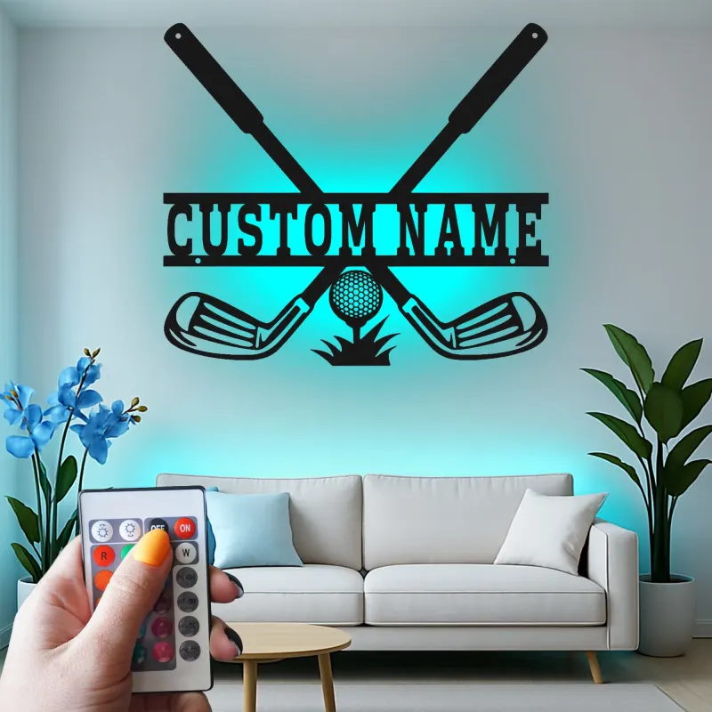 Enseigne de golf personnalisée avec LED | Décoration murale en métal sur mesure pour man cave | Plaque prénom golfeur | Déco club de golf