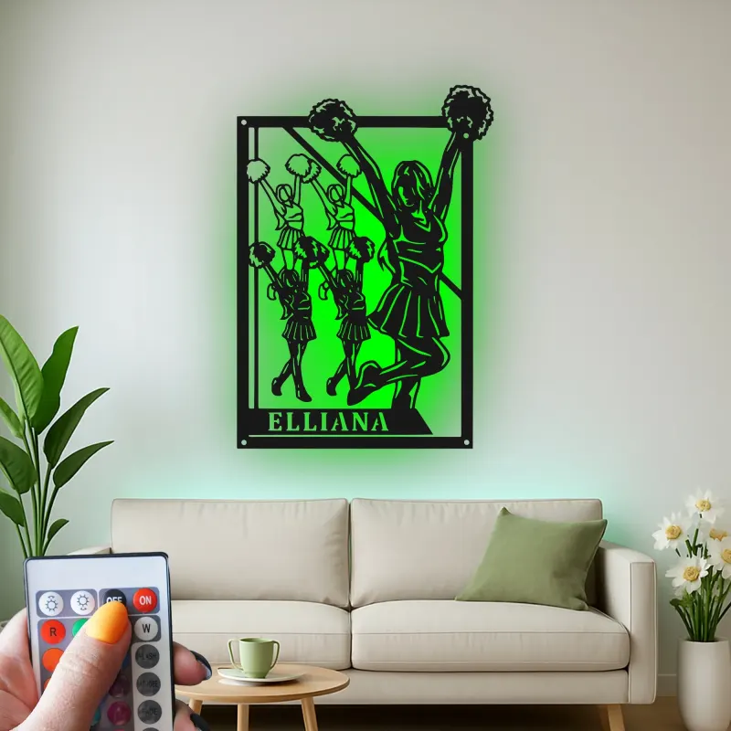 Décoration murale en métal personnalisée avec rétroéclairage Cheerleader - Cadeau de cheerleading pour sa chambre ou décoration de gym