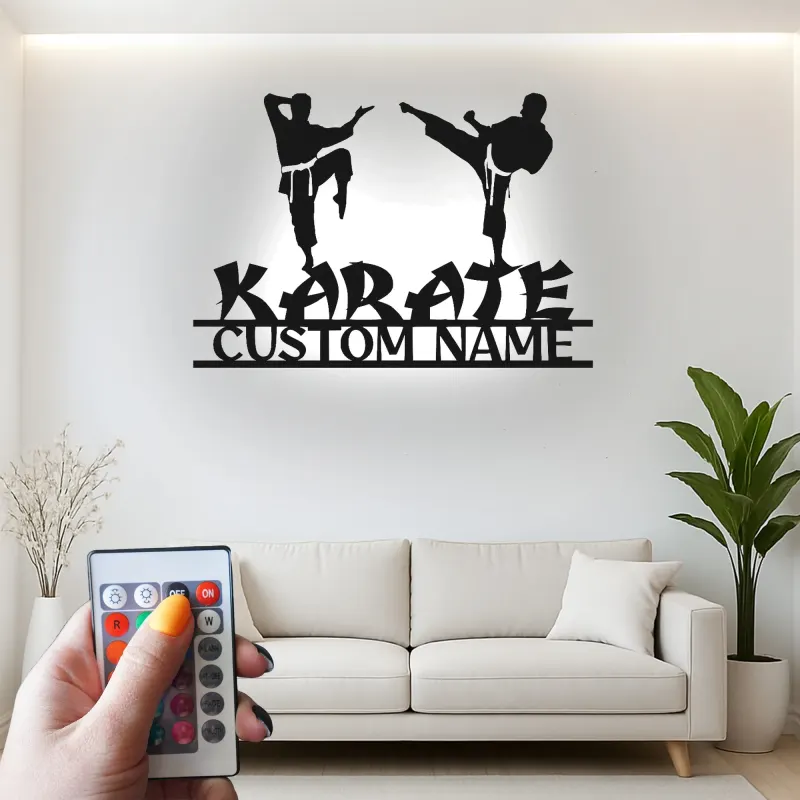 Insegna LED personalizzata per Karate | Arte in metallo per arti marziali | Decorazione per dojo e studio domestico per combattenti cintura nera