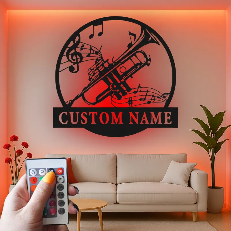 Cartel de metal LED con trompeta y notas musicales personalizado, regalo para músicos, decoración para estudio o sala de música