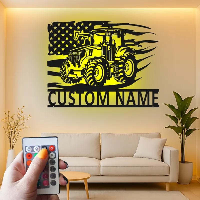 Décoration murale en métal personnalisée avec tracteur et drapeau américain en rétroéclairage - Cadeau pour agriculteur - Décor rustique de ferme