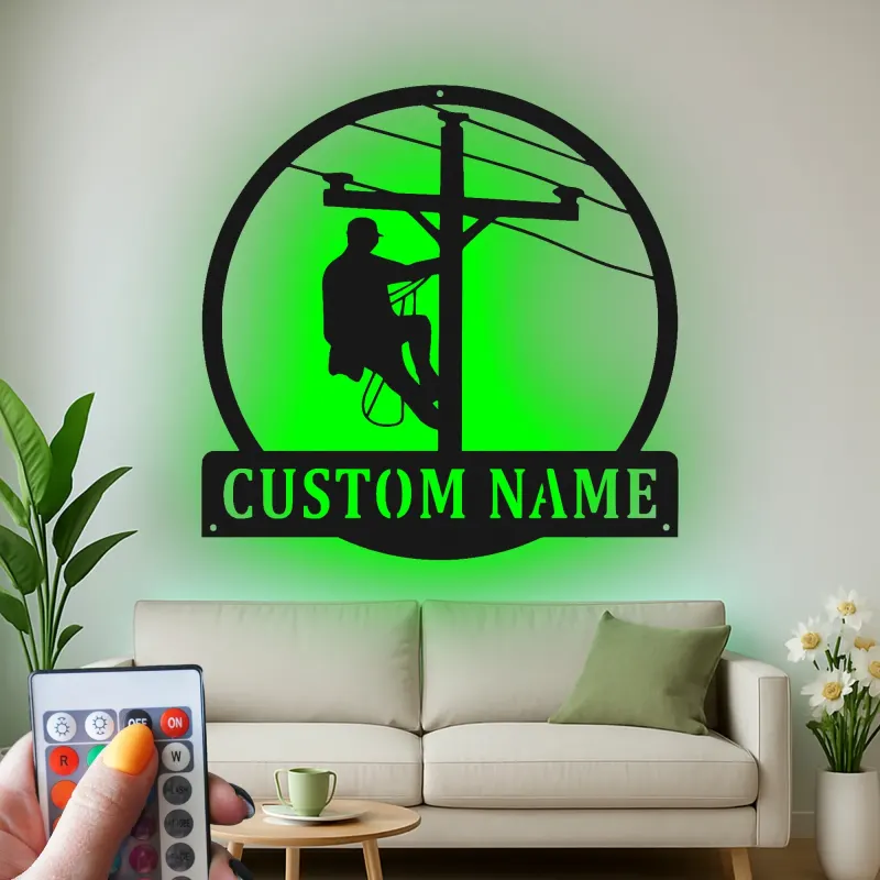 Personalized Lineman Sign | LED Metal Wall Art for Electrician | Custom Name Powerline Decor | Gift for Utility Worker Dad Husband