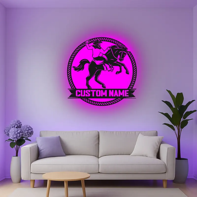 Custom Cowboy and Horse Led Light Metal Wall Art Western Gift for Ranch Lovers Rustic Home Decor