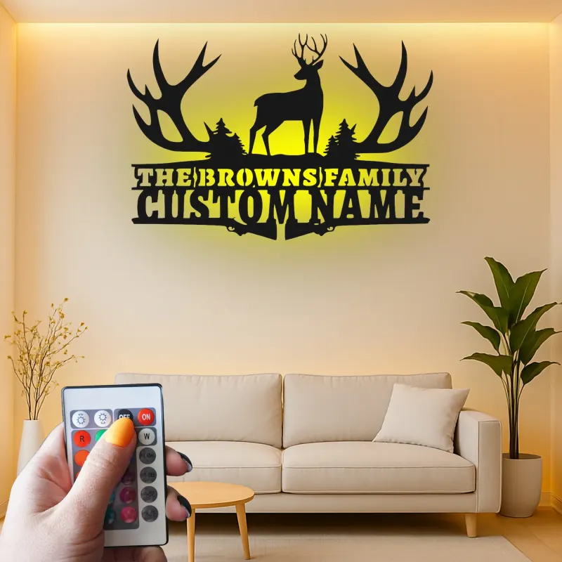 Insegna in metallo LED a forma di corna di cervo personalizzata - Regalo per nome di famiglia per decorazione rustica di cabin