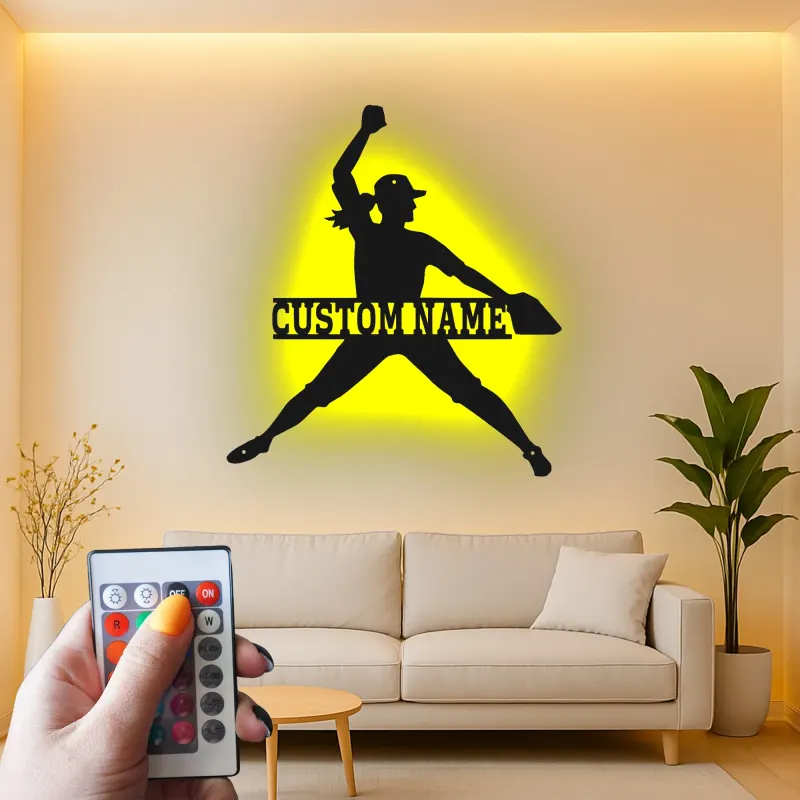 Cartel de metal personalizado de lanzadora de softball | Luz LED de nombre para habitación de chicas | Regalo personalizado para atleta | Arte mural deportivo femenino