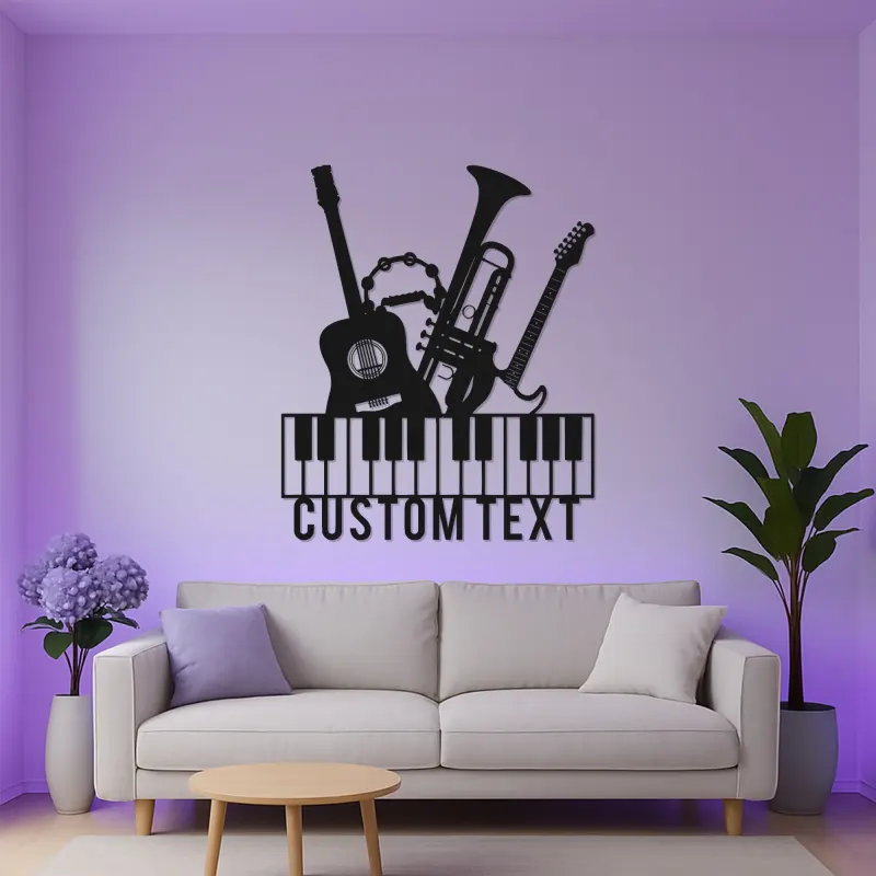 Insegna per Studio Musicale Personalizzata | Arte in Metallo LED per Musicisti | Decorazione Silhouette Strumenti Personalizzati | Regalo per Chitarra, Pianoforte, Tromba