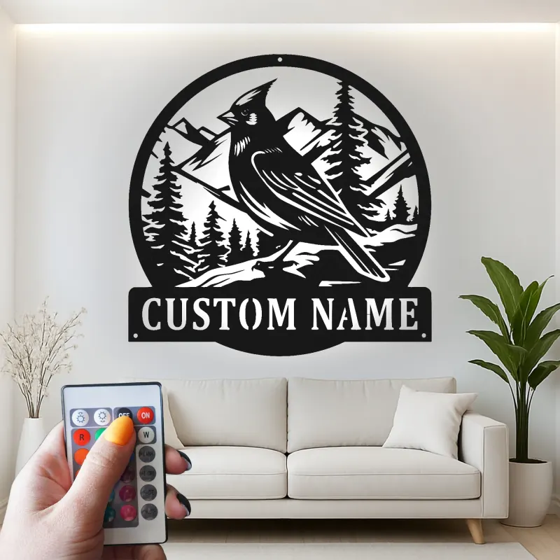 Personalisierte Kardinal-Mountain-Szene LED-Metall-Wandkunst – Geschenk für Naturliebhaber, für Hütte oder Wohnzimmer