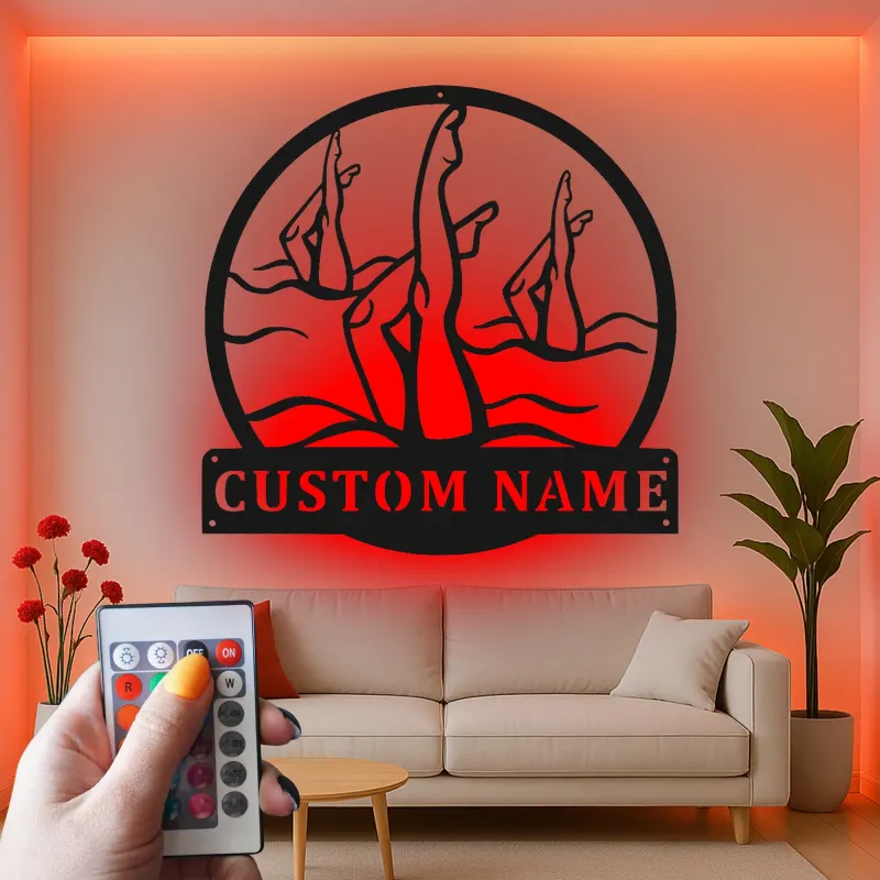 Panneau de natation synchronisée | Décoration murale en métal LED personnalisée | Plaque de nom de nageur personnalisée | Cadeau pour l'équipe de natation