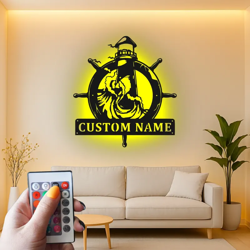 Custom Lighthouse Metal Sign | LED Nautical Wall Art | Personalized Ship Wheel Decor for Beach House | Maritime Gift