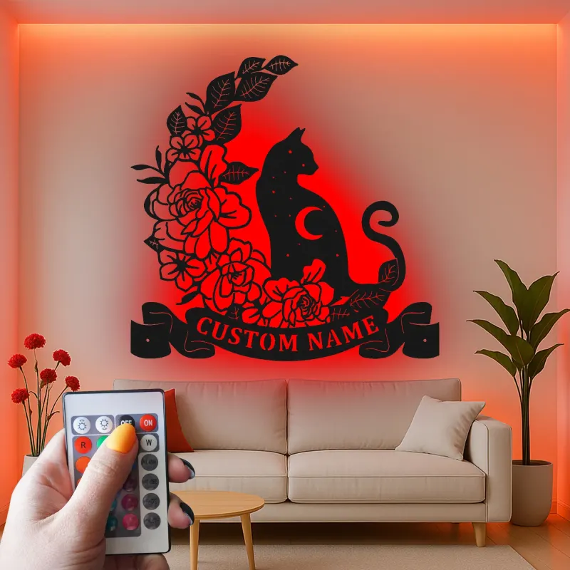 Décoration murale en métal personnalisée Chat et Fleurs avec rétroéclairage LED Cadeau pour amoureux des chats Décor de chambre ou de salon