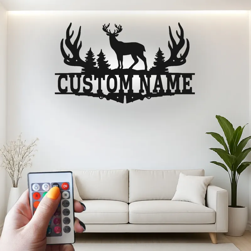 Cartel de metal personalizado con luz LED de asta de ciervo Regalo personalizado para cazadores Decoración de cabaña rústica 1