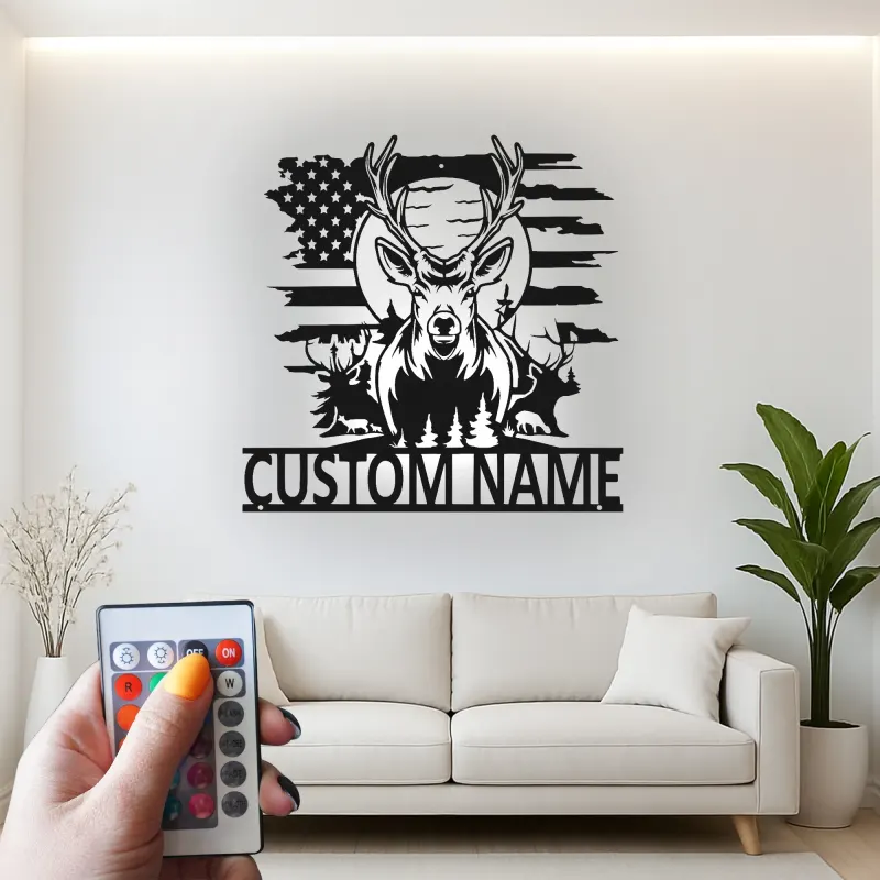 Insegna in metallo LED personalizzata con cervo e bandiera americana - Regalo personalizzato per cacciatori, decorazione rustica per cabin