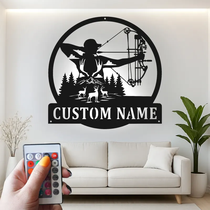 Insegna in metallo personalizzata con LED per cacciatori di archi, regalo personalizzato per arcieri, decorazione per cabin rustica