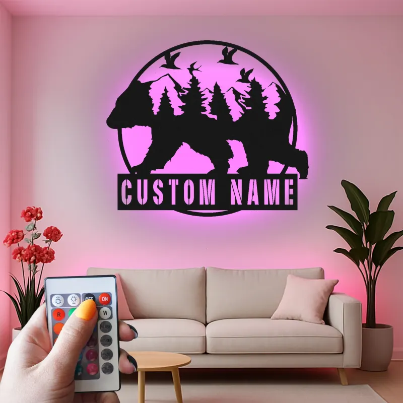 Custom Bear Forest Led Light Metal Wall Art Personalized Gift for Nature Lovers Cabin or Lodge Decor 1