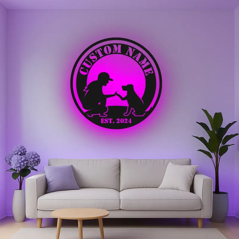 Cartel de metal personalizado con silueta de perro y dueño y luz LED, regalo para amantes de mascotas, decoración para salón