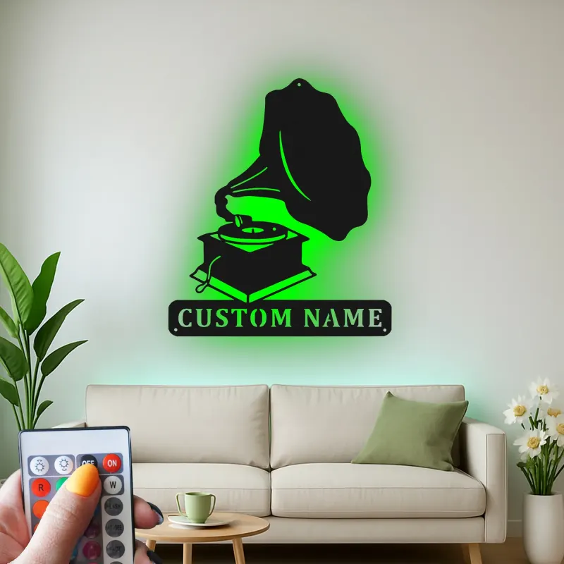 Arte Murale in Metallo con Gramofono Personalizzato | Decorazione Musicale Illuminata a LED | Insegna con Nome Personalizzato per Studio o Soggiorno