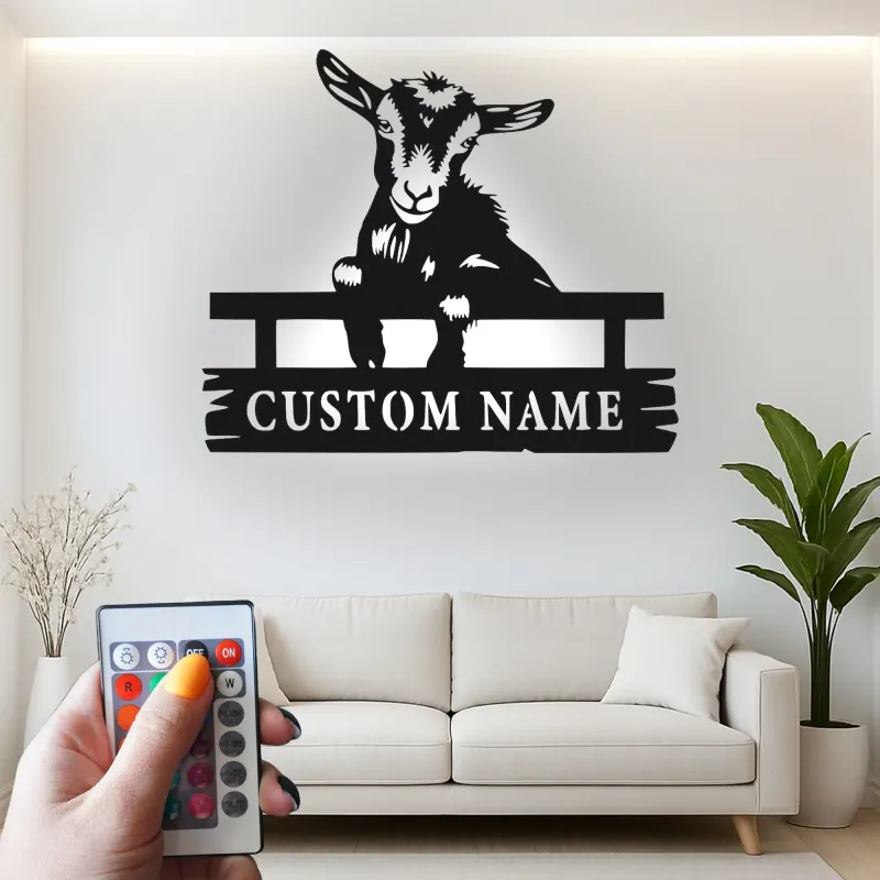 Letrero de metal LED de cabra personalizado | Decoración farmhouse personalizada | Arte mural rústico de granja para agricultores