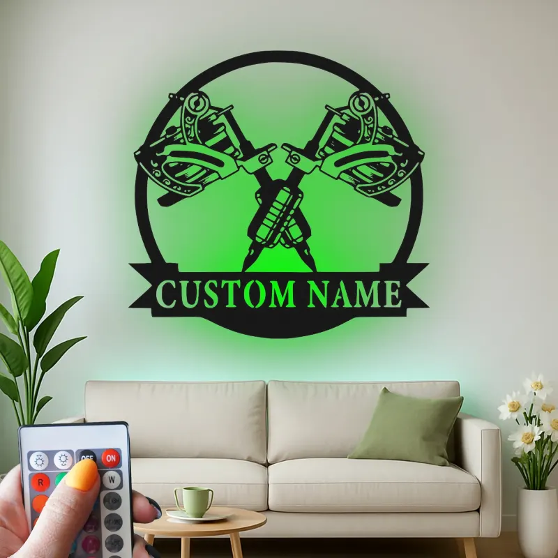 Custom Tattoo Studio LED Sign | Personalized Metal Wall Art | Crossed Machines Decor | Premium Gift for Ink Artist