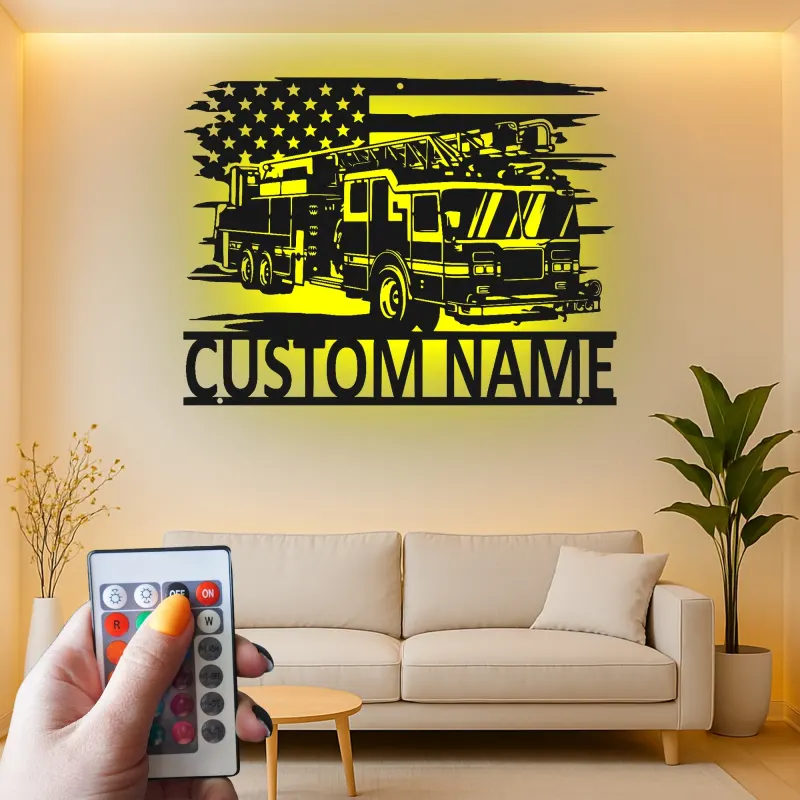 Insegna in metallo per vigili del fuoco personalizzata con LED | Arte murale con camion dei pompieri su misura | Regalo per pompiere per caserma o casa