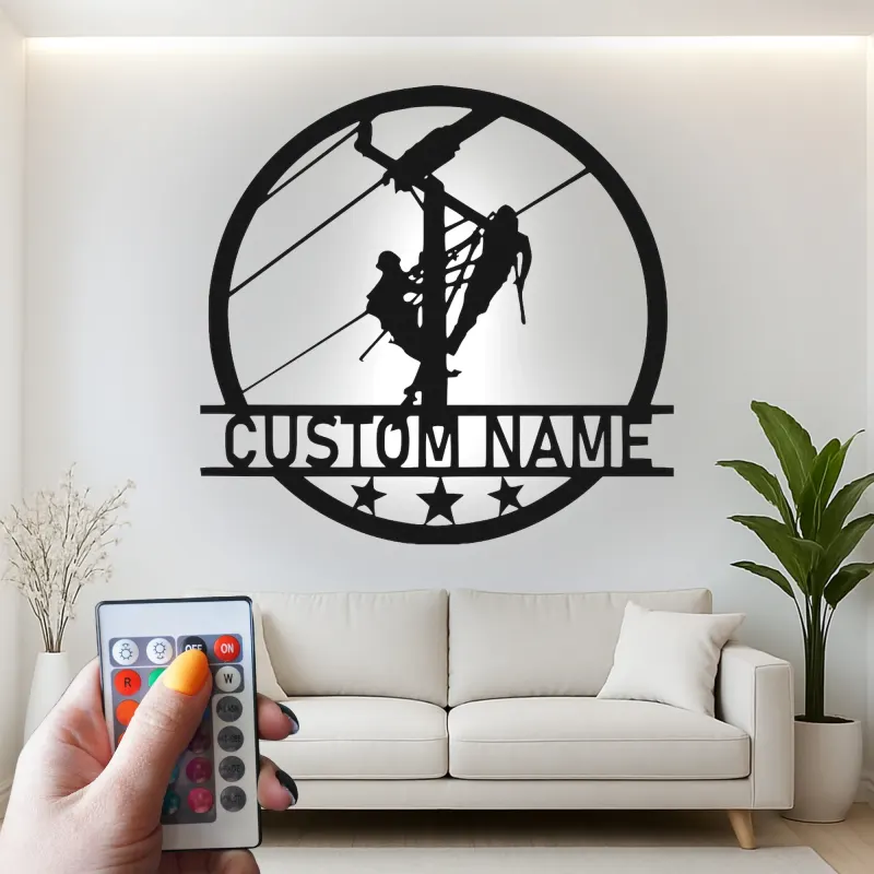 Panneau LED Lineman personnalisé | Décoration murale en métal sur mesure | Cadeau pour électricien et agent de réseau | Déco industrielle pour maison et garage