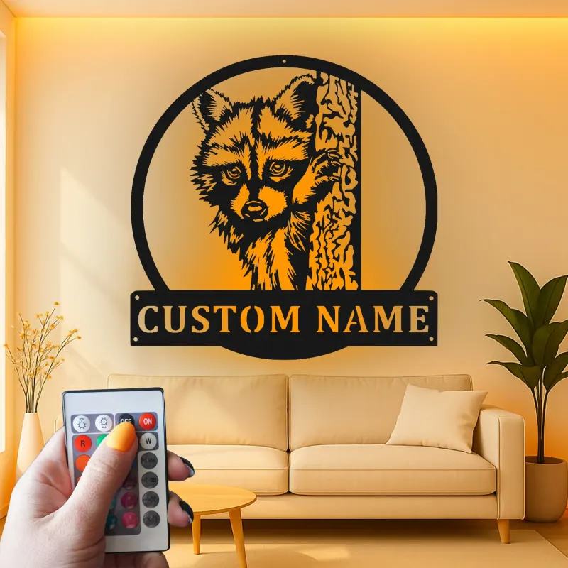 Cartel LED de mapache personalizado | Arte mural de metal a medida | Decoración rústica para cabañas | Silueta de vida silvestre de bosque | Regalo para amantes del bosque