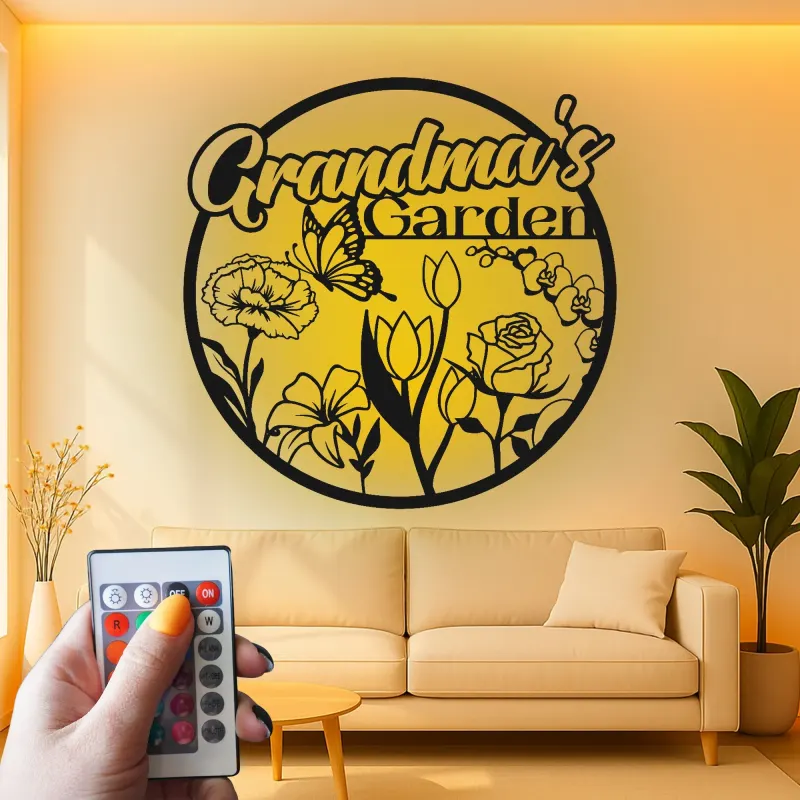 Cartel personalizado del jardín de la abuela | Arte mural de metal LED | Decoración floral de mariposa personalizada | Regalo del Día de la Madre para Nana