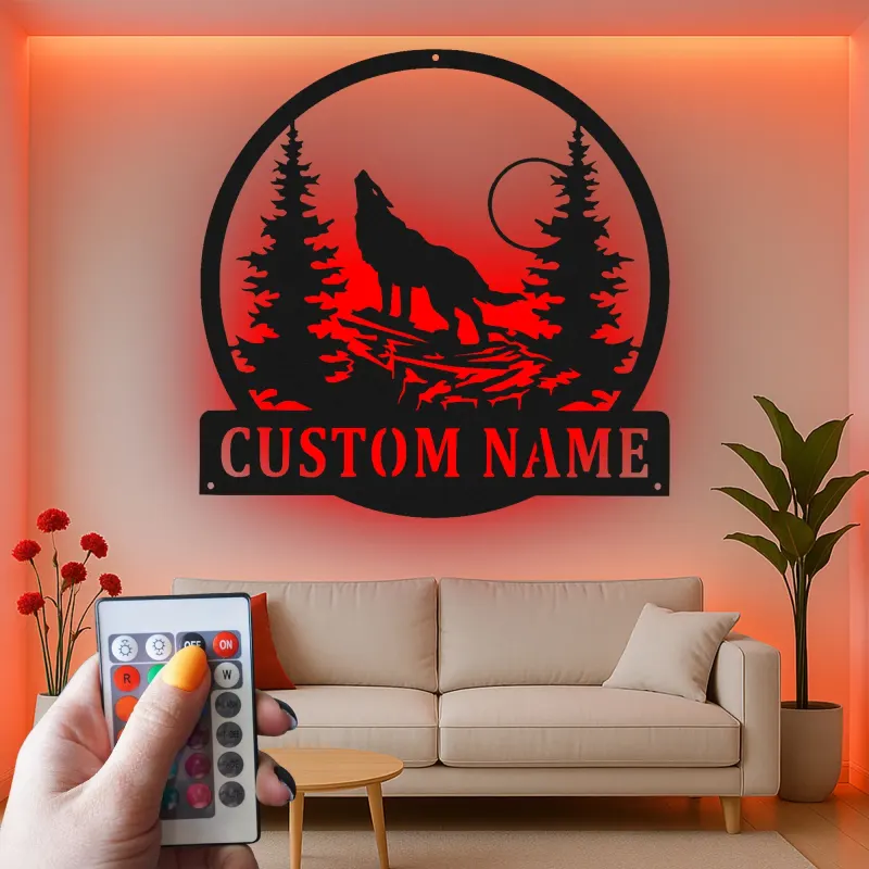 Custom Wolf Howling Led Light Metal Wall Art Personalized Nature Lover Gift Rustic Cabin Decor 2