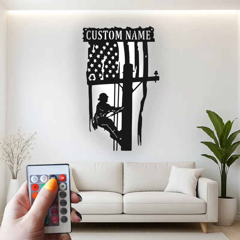 Custom Lineman Metal Sign | Personalized American Flag LED Art | Patriotic Electrician Gift | Utility Worker Wall Decor