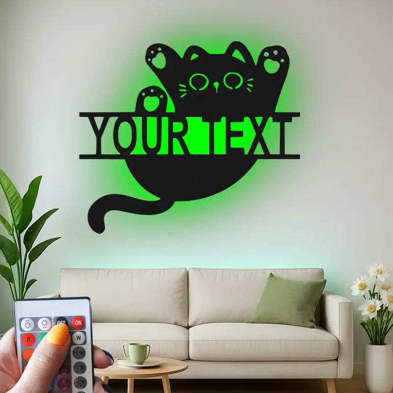 Insegna in metallo personalizzata con silhouette di gatto e luce LED regalo per amanti dei gatti decorazione per camera da letto o soggiorno 3