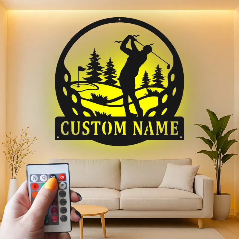 Decoración mural de metal LED de golf personalizada | Cartel con nombre de golfista para cueva masculina | Regalo decorativo retroiluminado para él