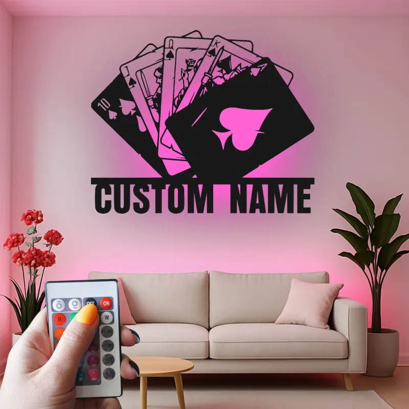 Royal Flush Metal Wall Art | Personalized LED Poker Room Sign | Custom Name Card Player Gift | Game Room Decor