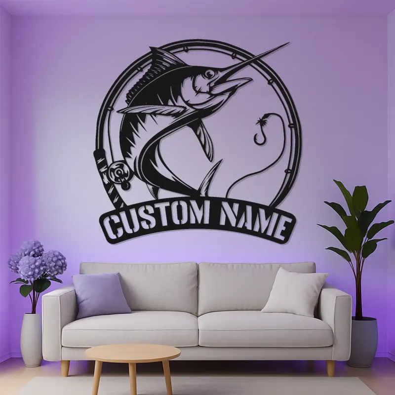 Décoration murale en métal Marlin Fish avec LED | Cadeau personnalisé pour pêcheur | Décor nautique pour man cave | Enseigne de pêche sportive