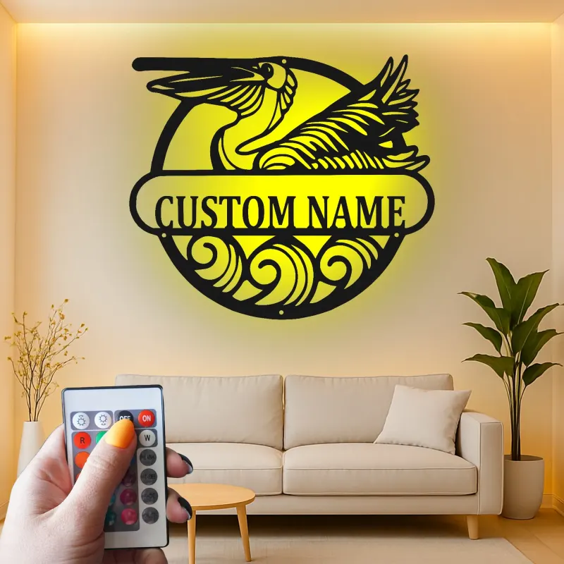 Custom Pelican Led Light Metal Wall Art Coastal Home Gift Personalized Beach House Decor