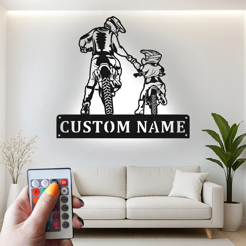 Cartel de metal personalizado con luz LED para padre e hijo motocross, regalo único para papá, decoración para garaje o man cave