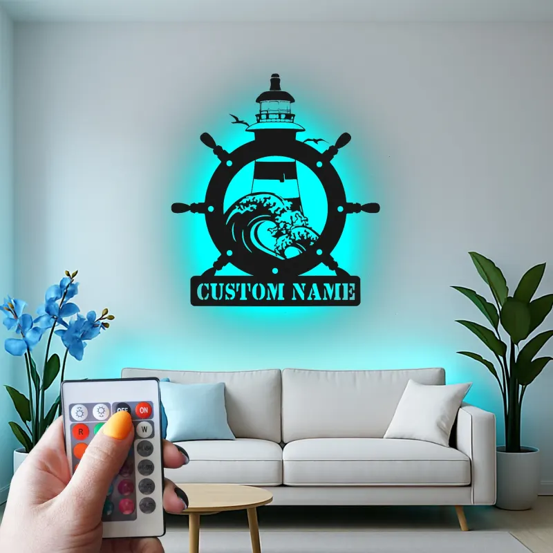 Cartel de metal de faro personalizado | Arte náutico LED personalizado | Decoración para casa de playa y salón