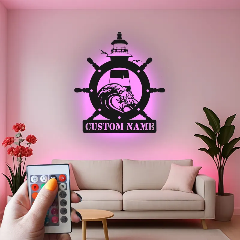Cartel de metal de faro personalizado | Arte náutico LED personalizado | Decoración para casa de playa y salón