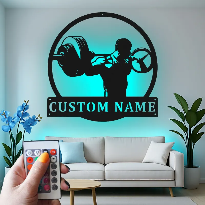 Custom Weightlifter Led Light Metal Wall Art Gym Enthusiast Gift Fitness Room Personalized Decor