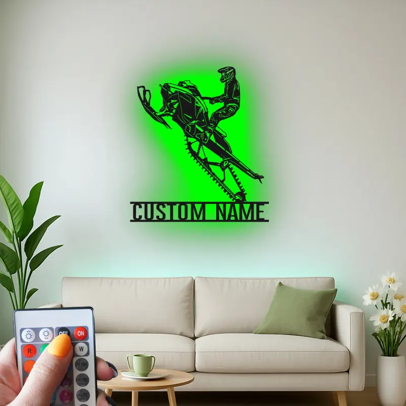 Panneau LED de Motoneige Personnalisé | Art Murale en Métal Personnalisé pour Motard | Décoration de Garage de Sports Extrêmes | Cadeau d'Aventure d'Hiver