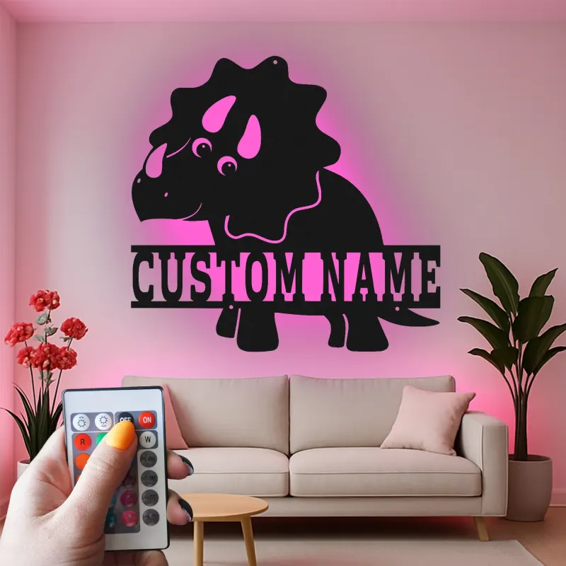 Insegna in metallo personalizzata Triceratopo con luce LED regalo personalizzato per decorazione camera nursery per bambini
